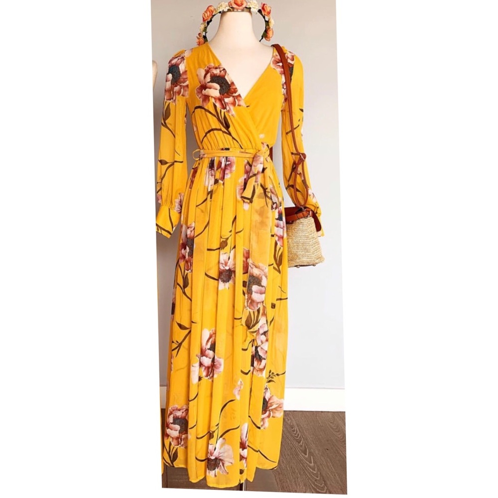 Floral slit maxi dress in mustard